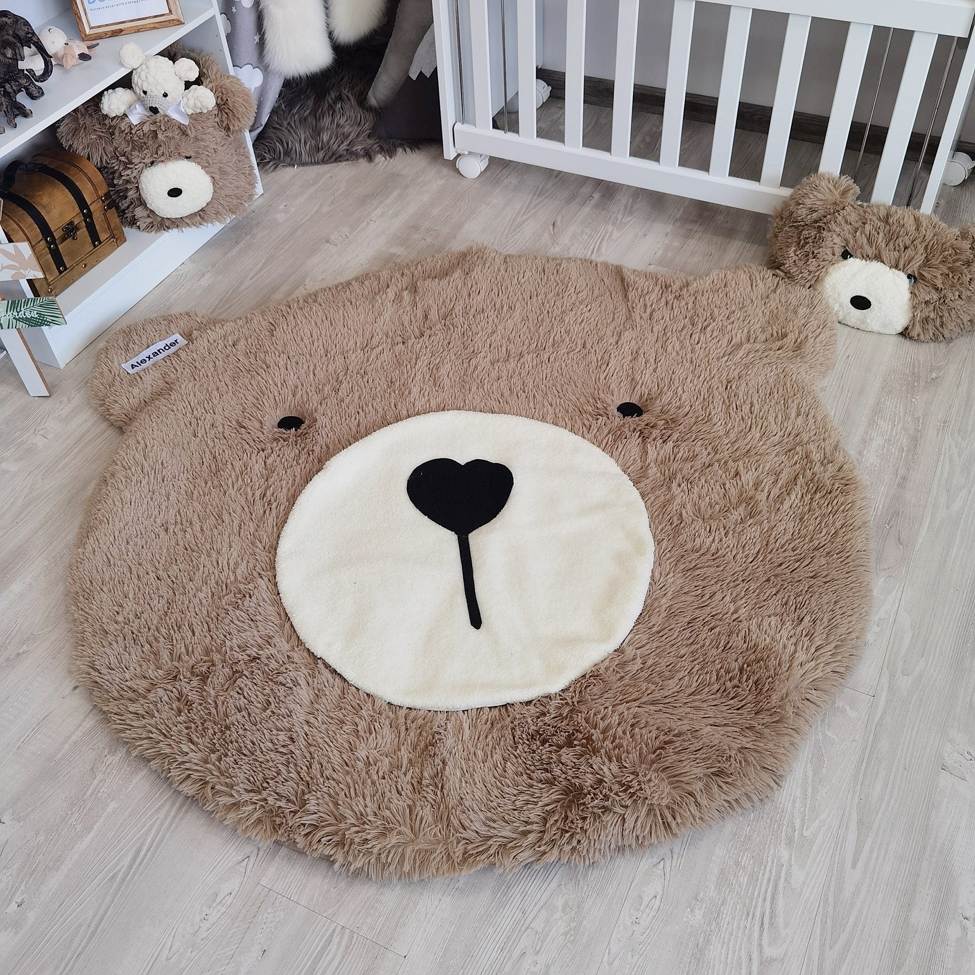 Personalized Fluffy Bear Rug: Taupe Woodland Nursery Decor